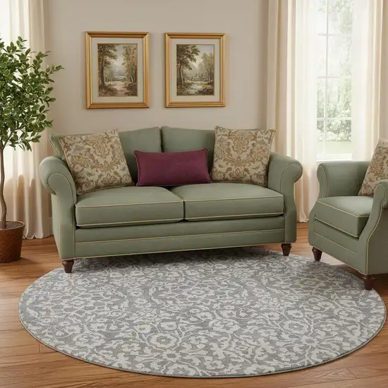 8' Gray And Ivory Damask Washable Round Rug With UV Protection Photo 1