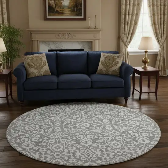 8' Gray And Ivory Damask Washable Round Rug With UV Protection Photo 2