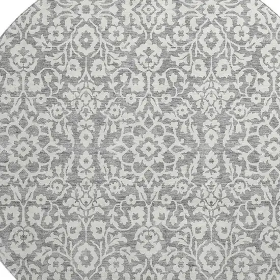8' Gray And Ivory Damask Washable Round Rug With UV Protection Photo 3