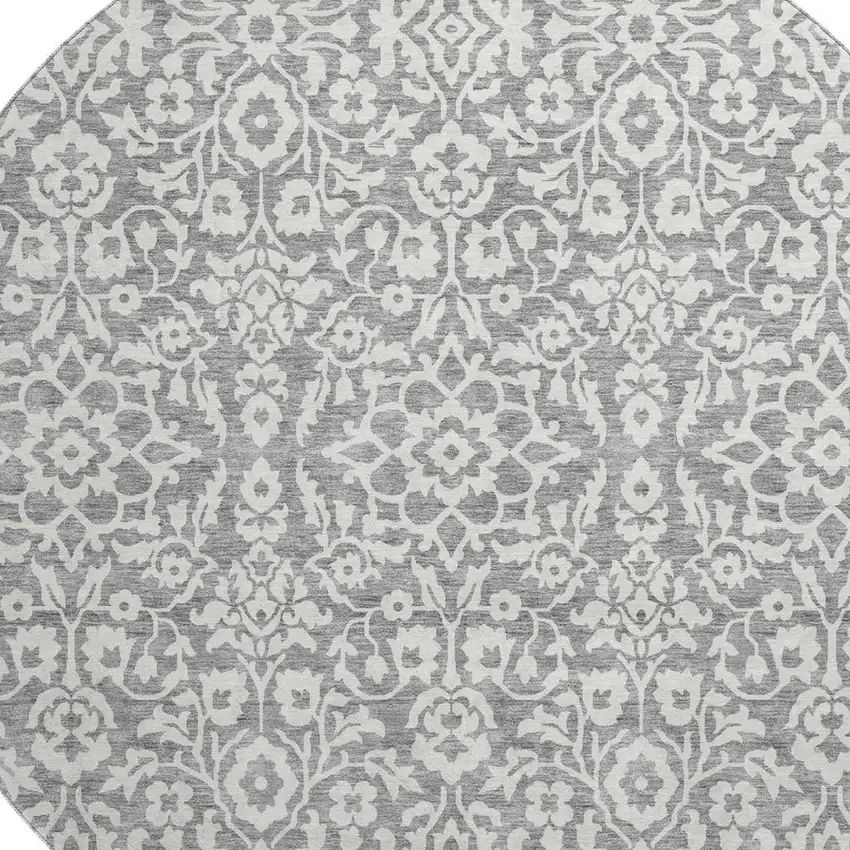 8' Gray And Ivory Damask Washable Round Rug With UV Protection Photo 3