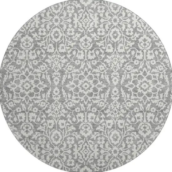 8' Gray And Ivory Damask Washable Round Rug With UV Protection Photo 4