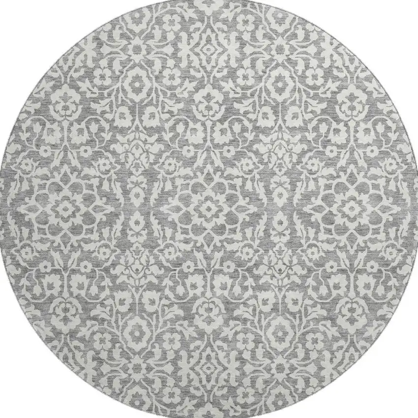 8' Gray And Ivory Damask Washable Round Rug With UV Protection Photo 4