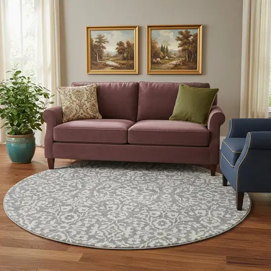 8' Gray And Ivory Damask Washable Round Rug With UV Protection Photo 1