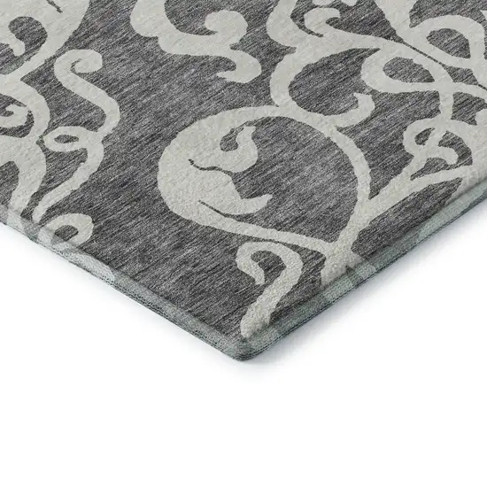 8' Gray And Ivory Damask Washable Round Rug With UV Protection Photo 6