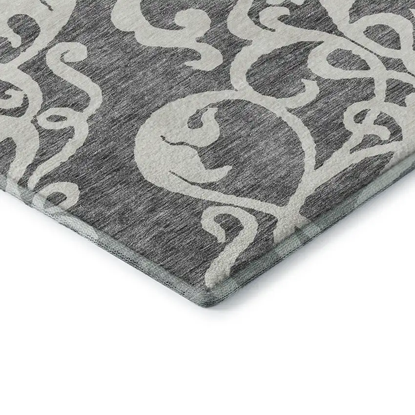 8' Gray And Ivory Damask Washable Round Rug With UV Protection Photo 6