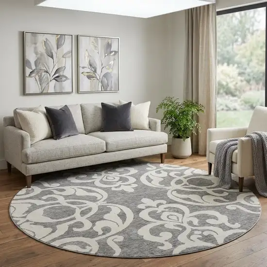 8' Gray And Ivory Damask Washable Round Rug With UV Protection Photo 1
