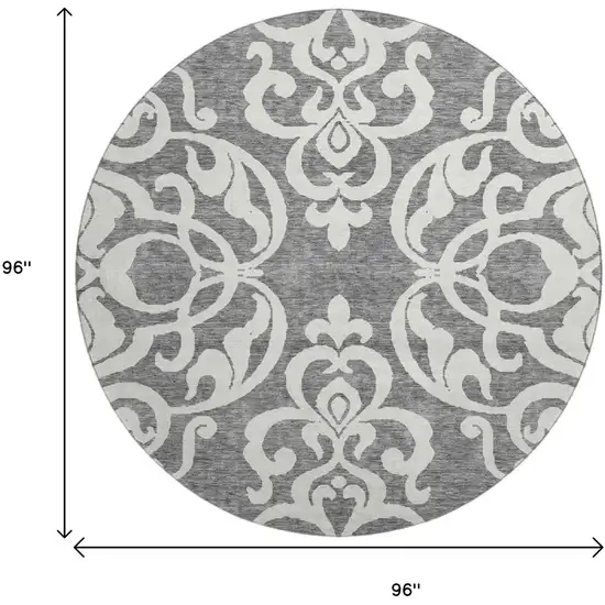8' Gray And Ivory Damask Washable Round Rug With UV Protection Photo 9