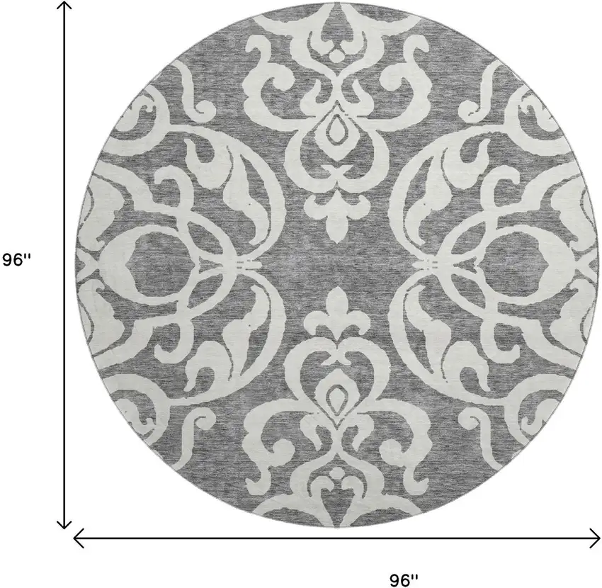 8' Gray And Ivory Damask Washable Round Rug With UV Protection Photo 9