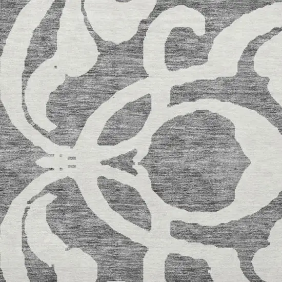 8' Gray And Ivory Damask Washable Round Rug With UV Protection Photo 3