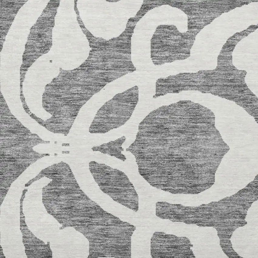 8' Gray And Ivory Damask Washable Round Rug With UV Protection Photo 3