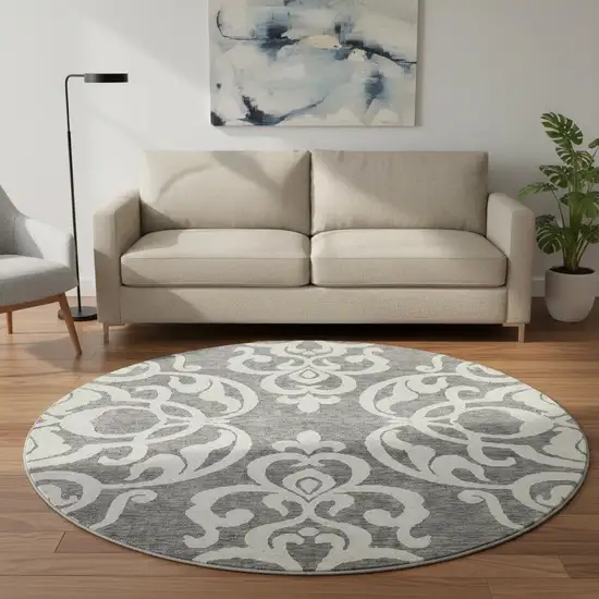 8' Gray And Ivory Damask Washable Round Rug With UV Protection Photo 2