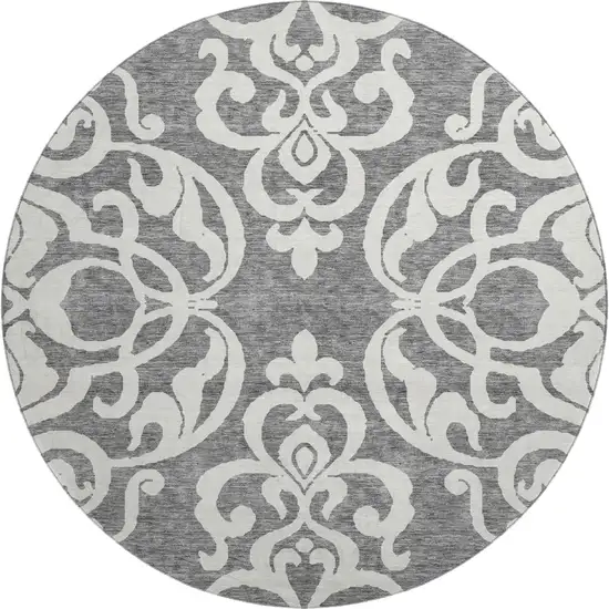 8' Gray And Ivory Damask Washable Round Rug With UV Protection Photo 1