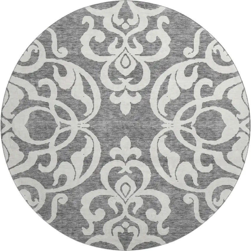 8' Gray And Ivory Damask Washable Round Rug With UV Protection Photo 1