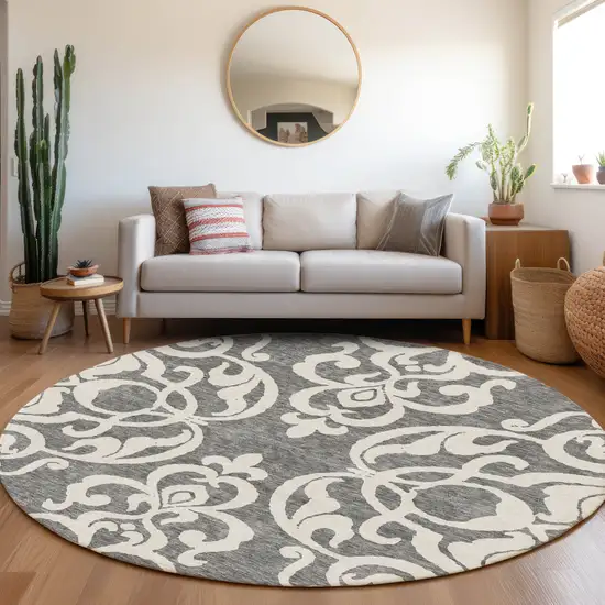8' Gray And Ivory Damask Washable Round Rug With UV Protection Photo 4