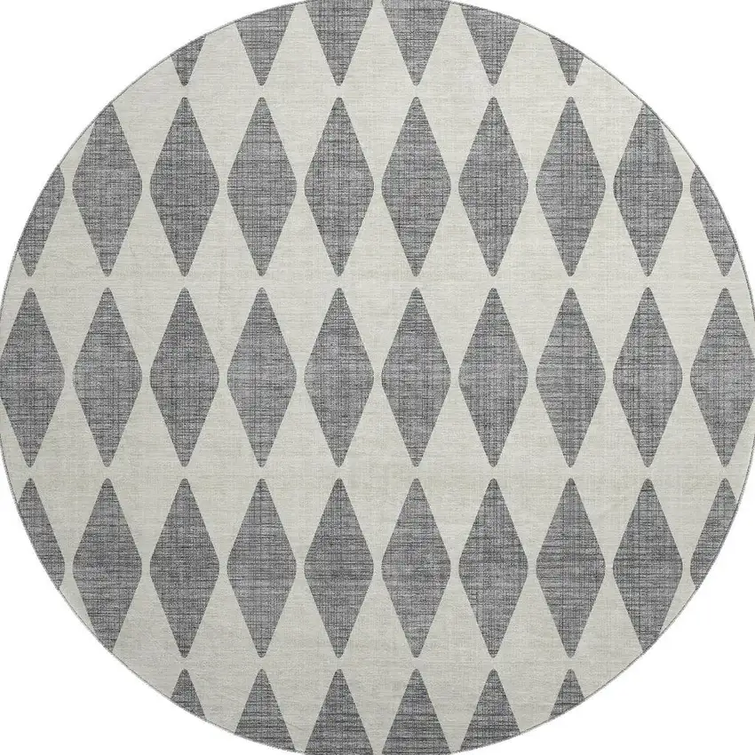 8' Gray And Ivory Diamond Washable Round Rug With UV Protection Photo 4