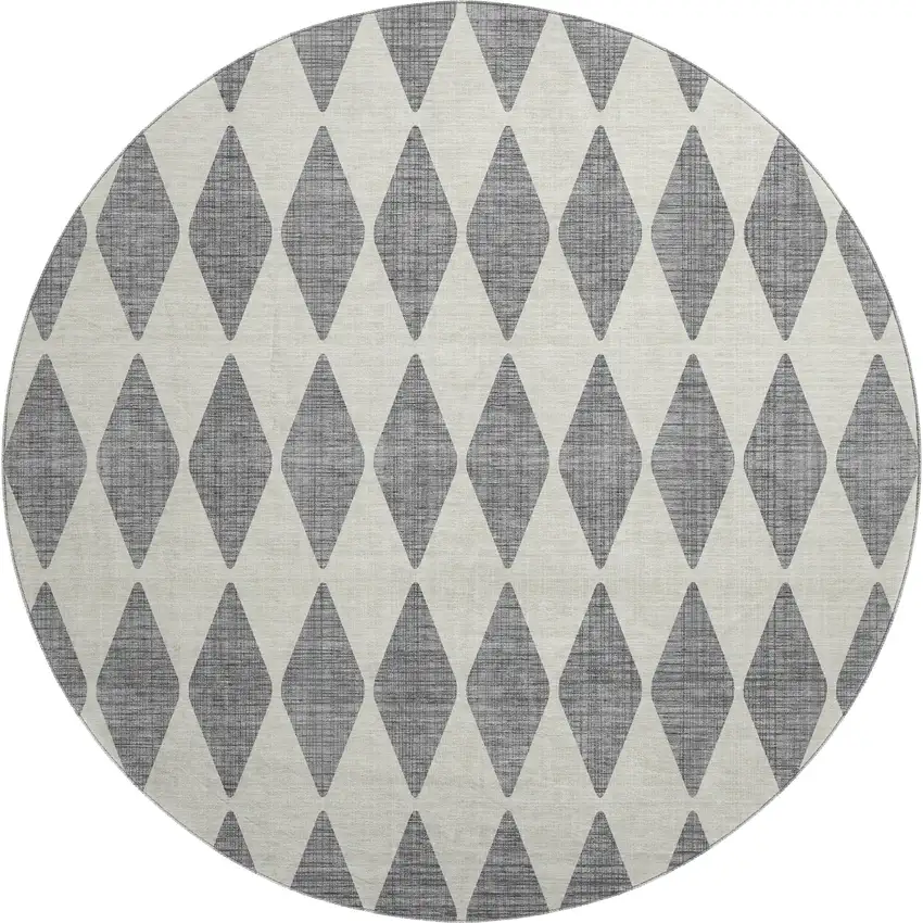 8' Gray And Ivory Diamond Washable Round Rug With UV Protection Photo 1