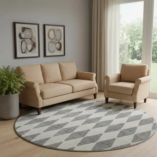 8' Gray And Ivory Diamond Washable Round Rug With UV Protection Photo 1
