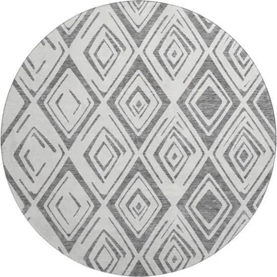 8' Gray And Ivory Diamond Washable Round Rug With UV Protection Photo 1