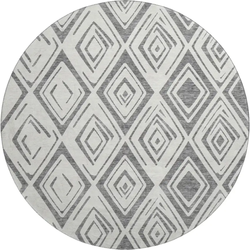 8' Gray And Ivory Diamond Washable Round Rug With UV Protection Photo 1