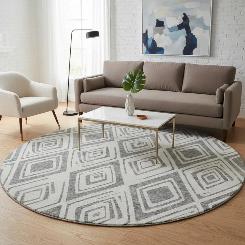 8' Gray And Ivory Diamond Washable Round Rug With UV Protection Photo 2