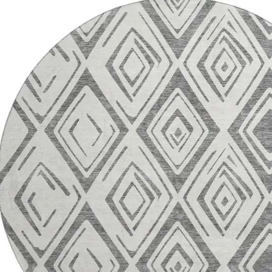 8' Gray And Ivory Diamond Washable Round Rug With UV Protection Photo 3