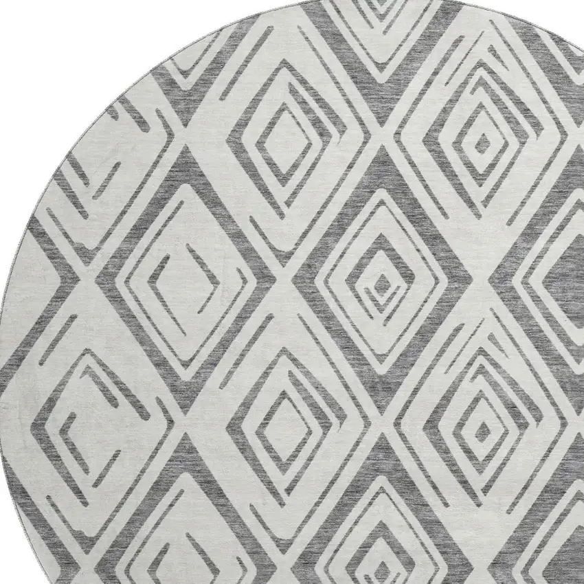 8' Gray And Ivory Diamond Washable Round Rug With UV Protection Photo 3