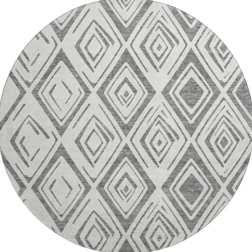 8' Gray And Ivory Diamond Washable Round Rug With UV Protection Photo 4