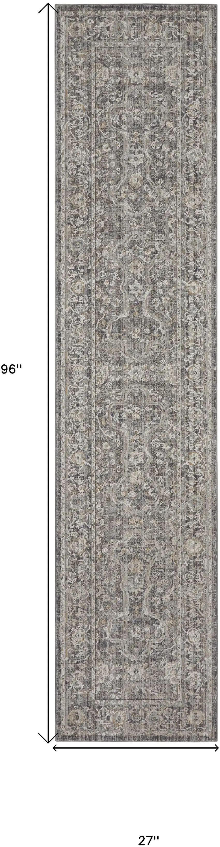 8' Gray And Ivory Floral Distressed Runner Rug Photo 3