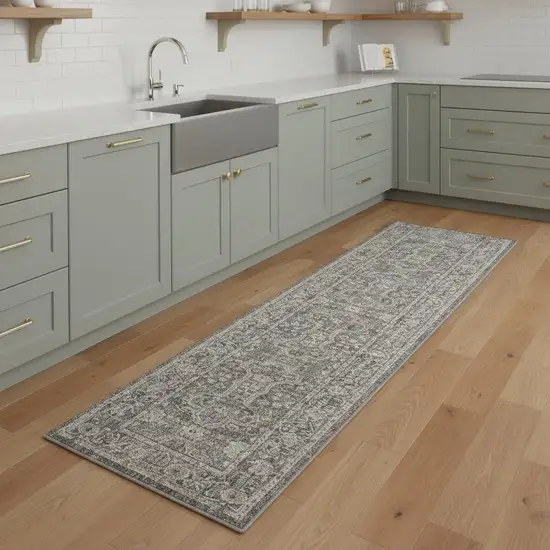 8' Gray And Ivory Floral Distressed Runner Rug Photo 1