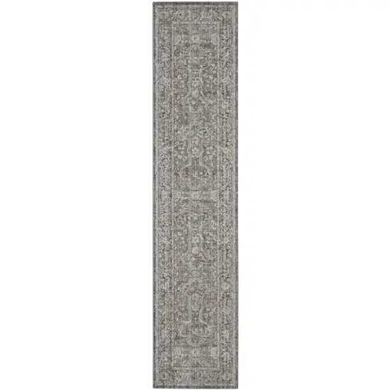 8' Gray And Ivory Floral Distressed Runner Rug Photo 2