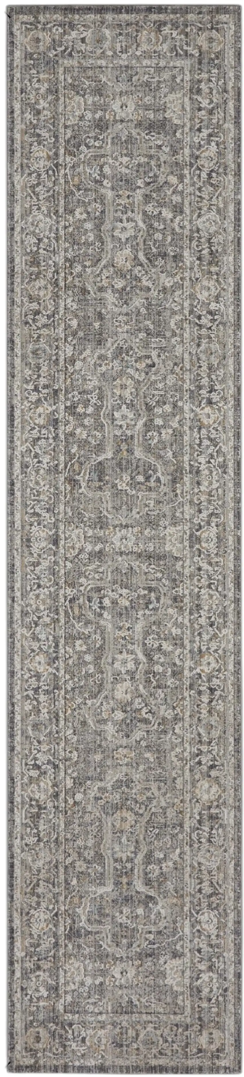 8' Gray And Ivory Floral Distressed Runner Rug Photo 2