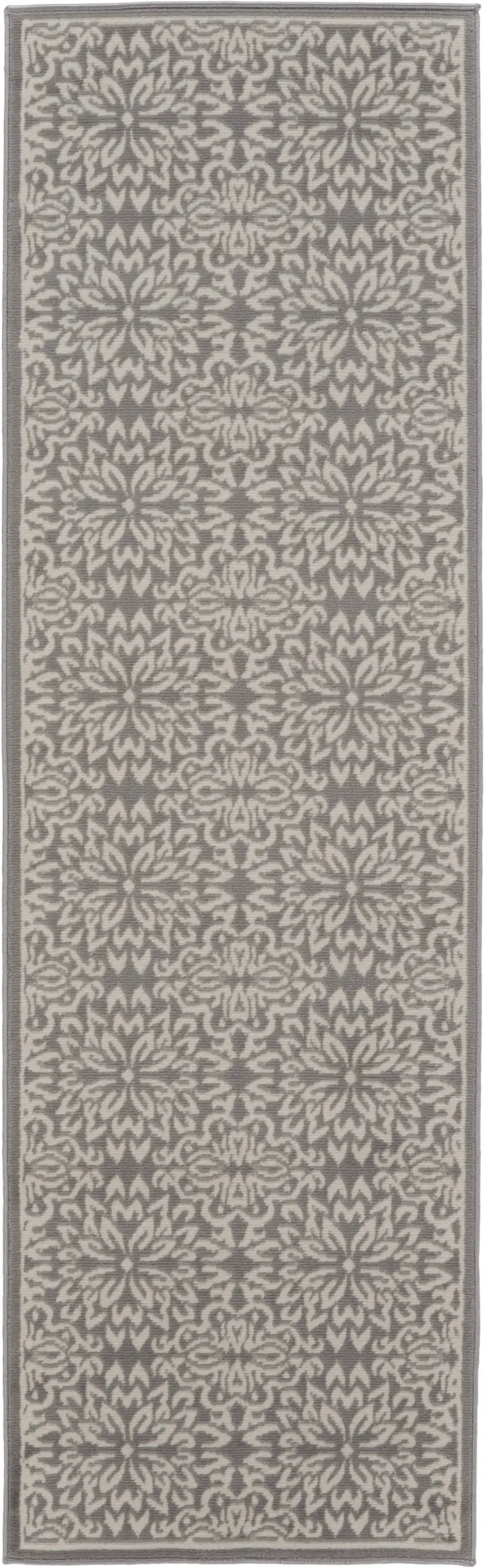 6' Gray And Ivory Floral Runner Rug Photo 6