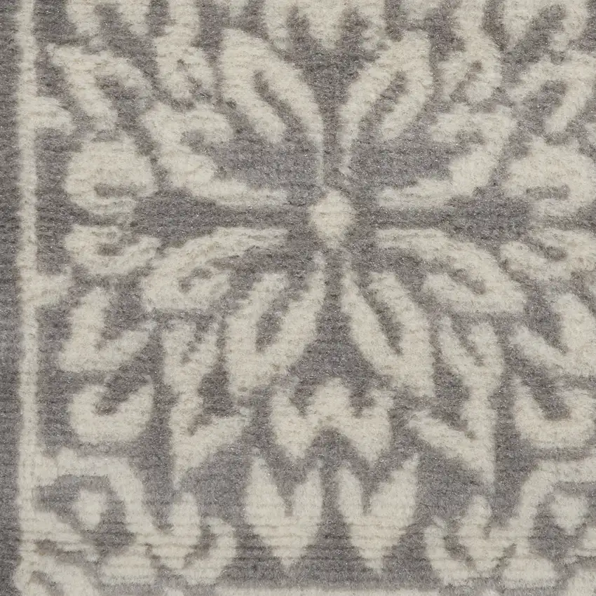 6' Gray And Ivory Floral Runner Rug Photo 2