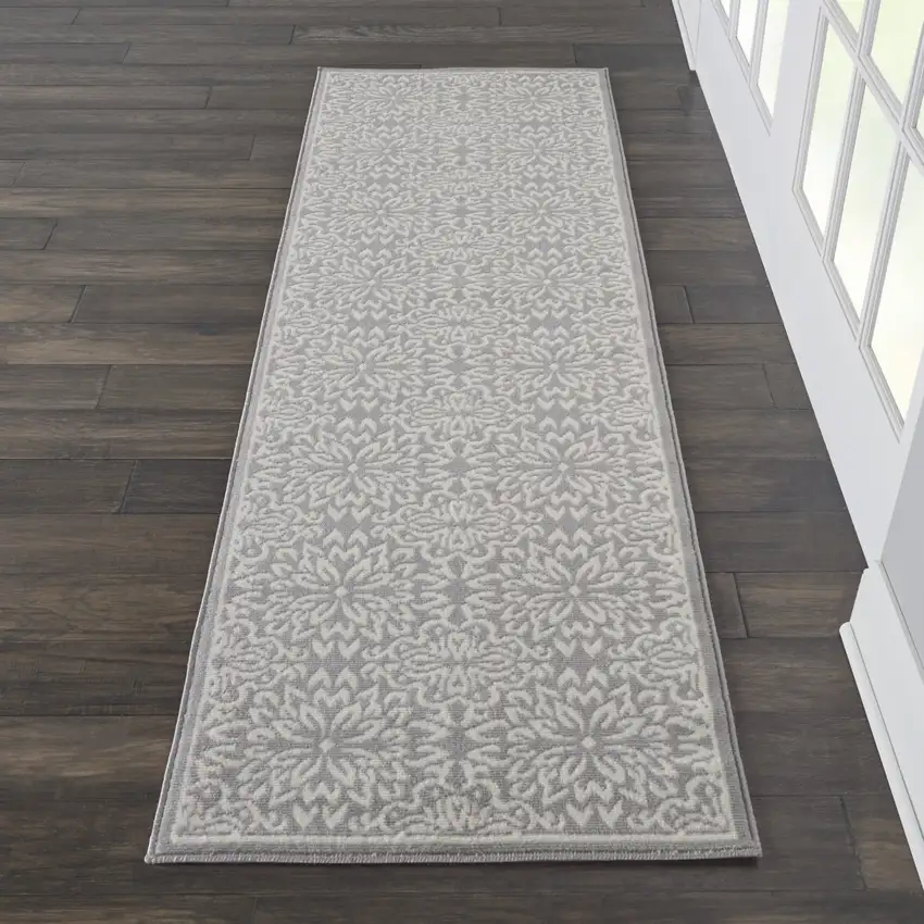 6' Gray And Ivory Floral Runner Rug Photo 9
