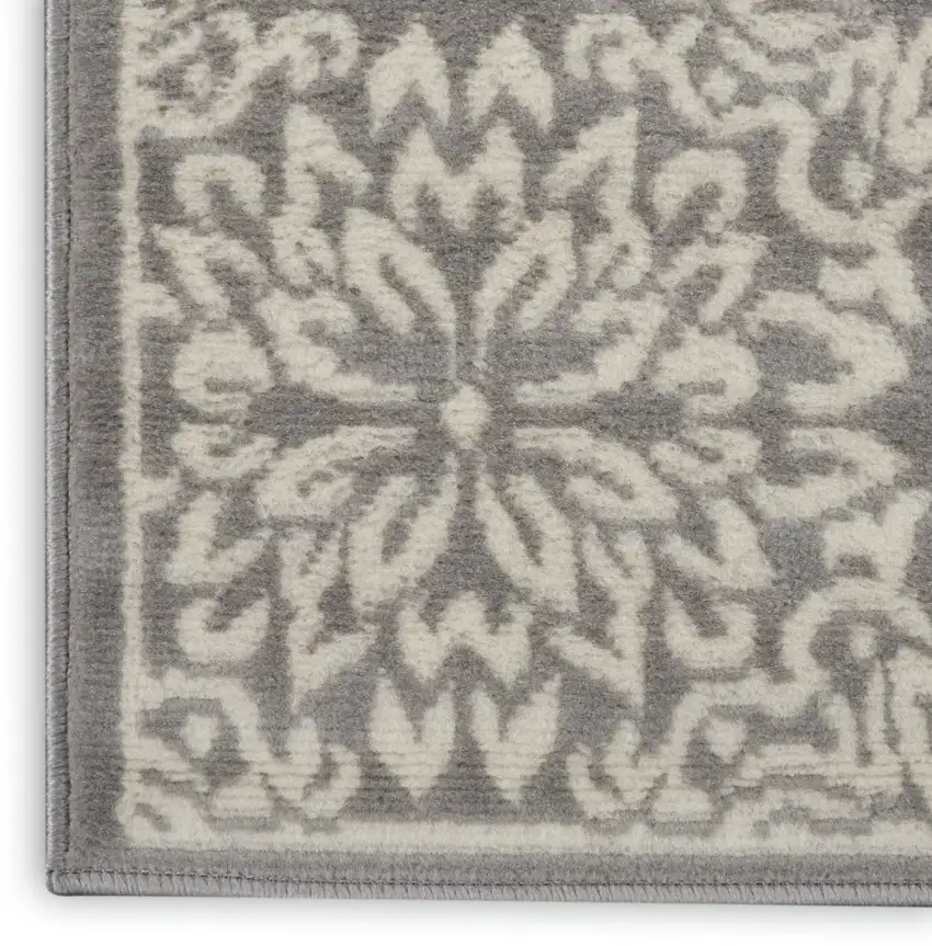 6' Gray And Ivory Floral Runner Rug Photo 8