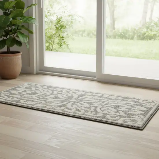 6' Gray And Ivory Floral Runner Rug Photo 1
