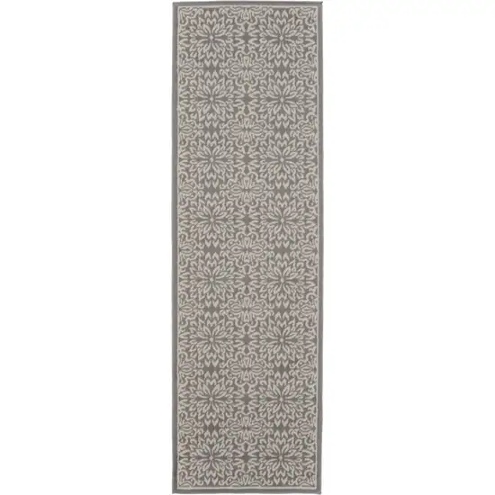 6' Gray And Ivory Floral Runner Rug Photo 6