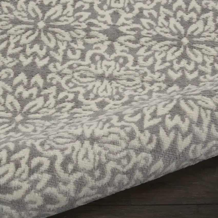 6' Gray And Ivory Floral Runner Rug Photo 7