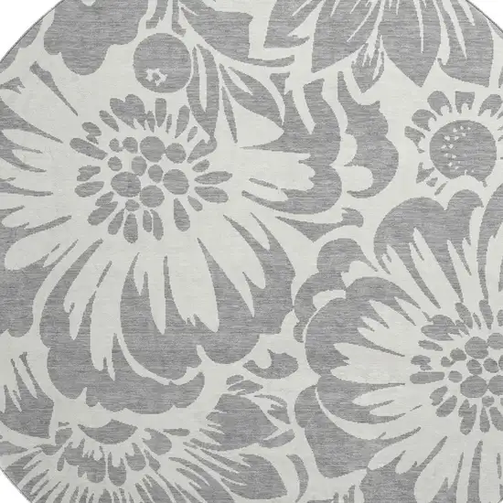 8' Gray And Ivory Floral Washable Round Rug With UV Protection Photo 3