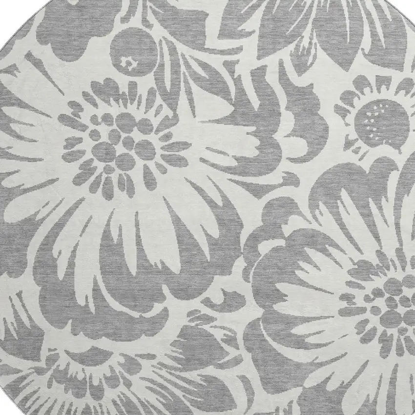 8' Gray And Ivory Floral Washable Round Rug With UV Protection Photo 3