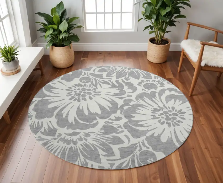 8' Gray And Ivory Floral Washable Round Rug With UV Protection Photo 2
