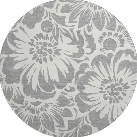 8' Gray And Ivory Floral Washable Round Rug With UV Protection Photo 4