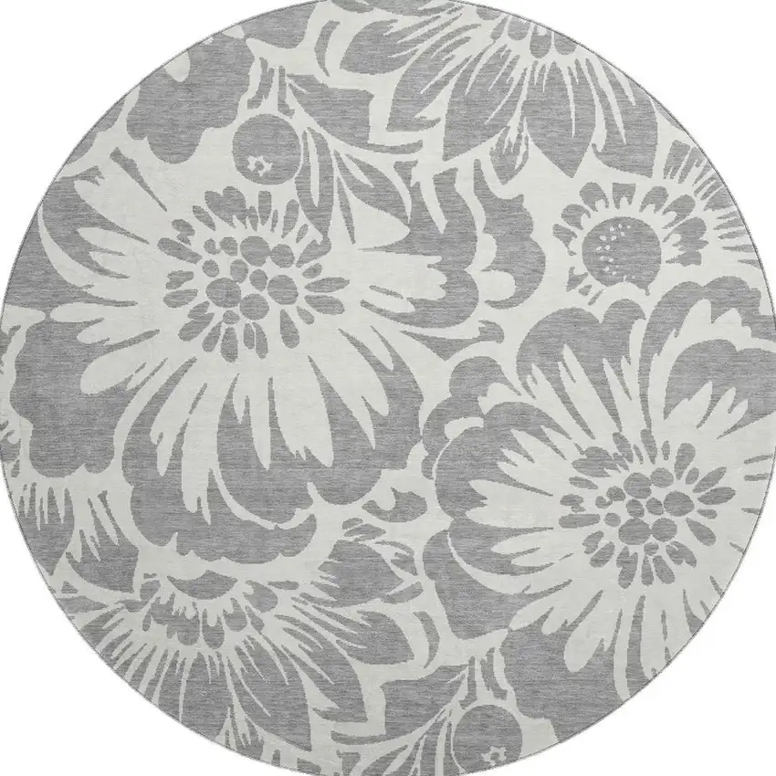 8' Gray And Ivory Floral Washable Round Rug With UV Protection Photo 4