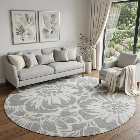 8' Gray And Ivory Floral Washable Round Rug With UV Protection Photo 1