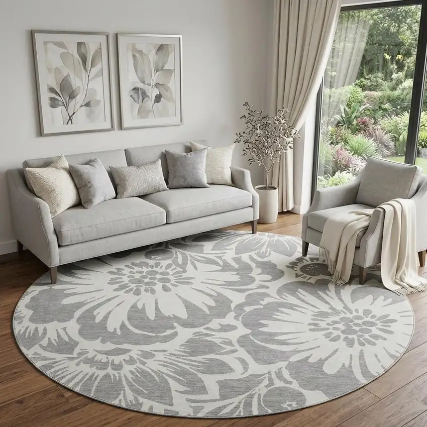 8' Gray And Ivory Floral Washable Round Rug With UV Protection Photo 1