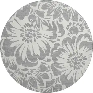 Photo of 8' Gray And Ivory Floral Washable Round Rug With UV Protection