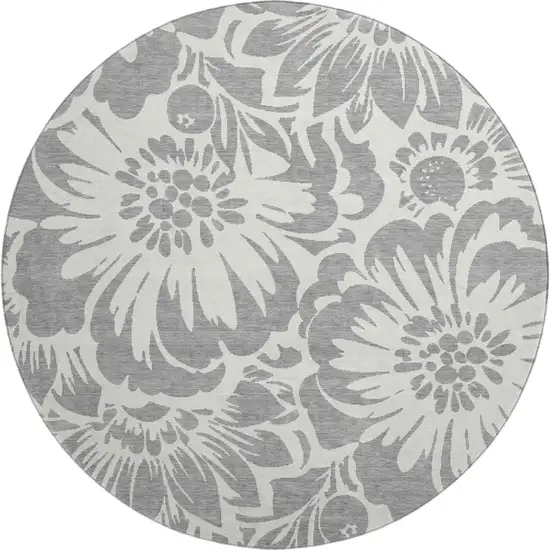 8' Gray And Ivory Floral Washable Round Rug With UV Protection Photo 1