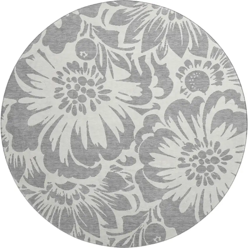8' Gray And Ivory Floral Washable Round Rug With UV Protection Photo 1