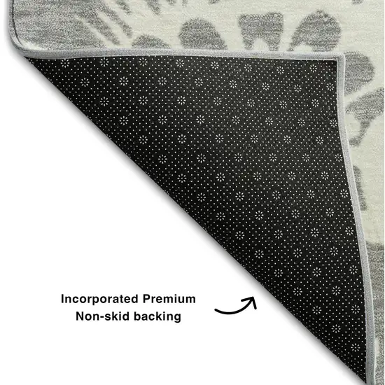 8' Gray And Ivory Floral Washable Round Rug With UV Protection Photo 6