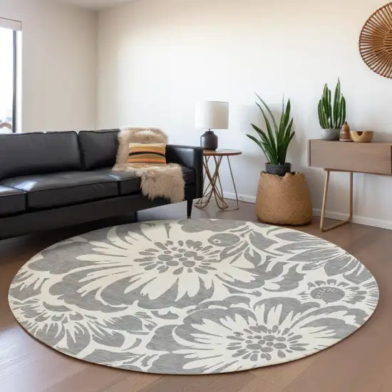 8' Gray And Ivory Floral Washable Round Rug With UV Protection Photo 5